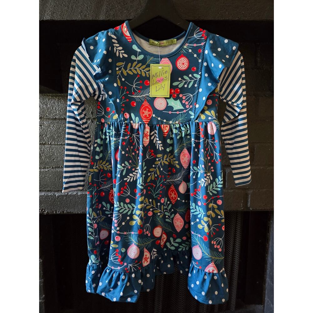 Millie Loves Lilly Blue Christmas theme ornaments long sleeved dress size 8 nwt